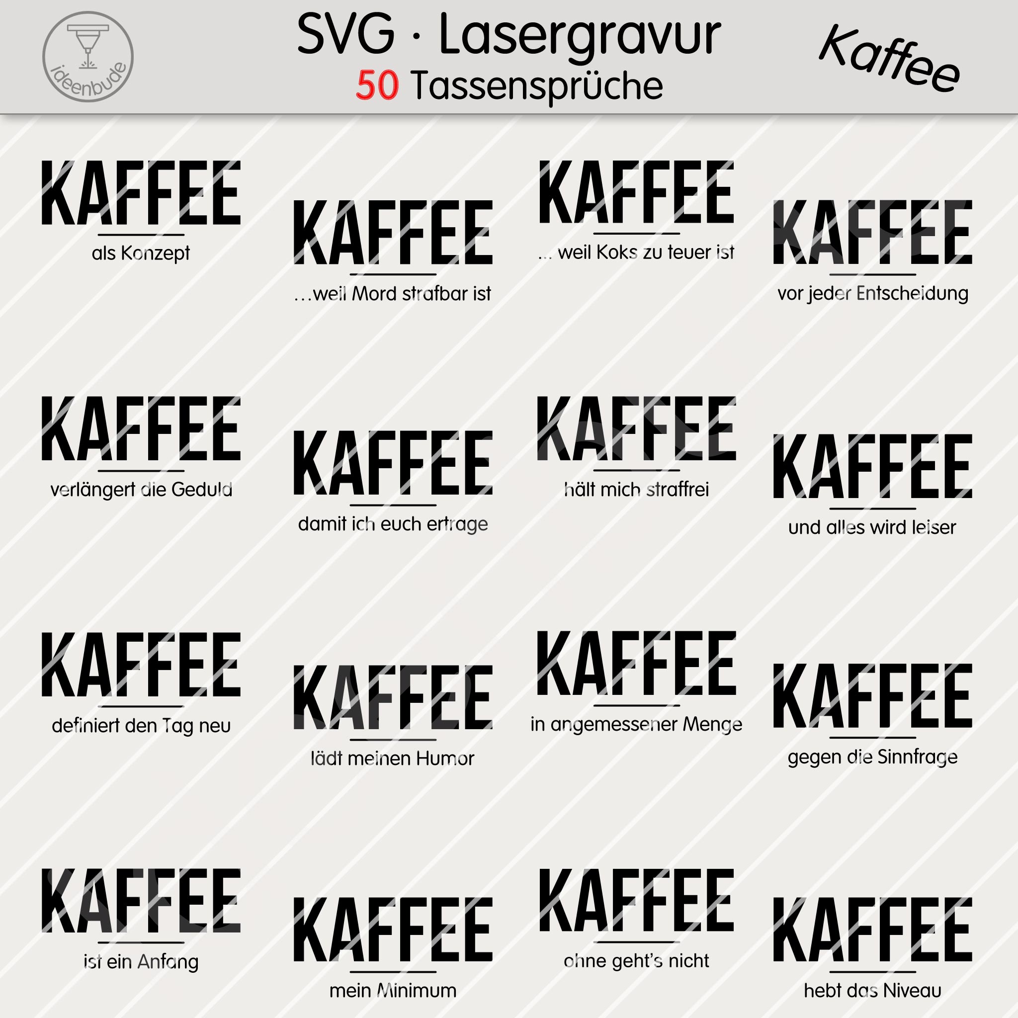 50 minimalistische Kaffee-Sprüche als SVG | für Tassen, Lasergravur, Plotter, Sublimation | Typografie Bundle