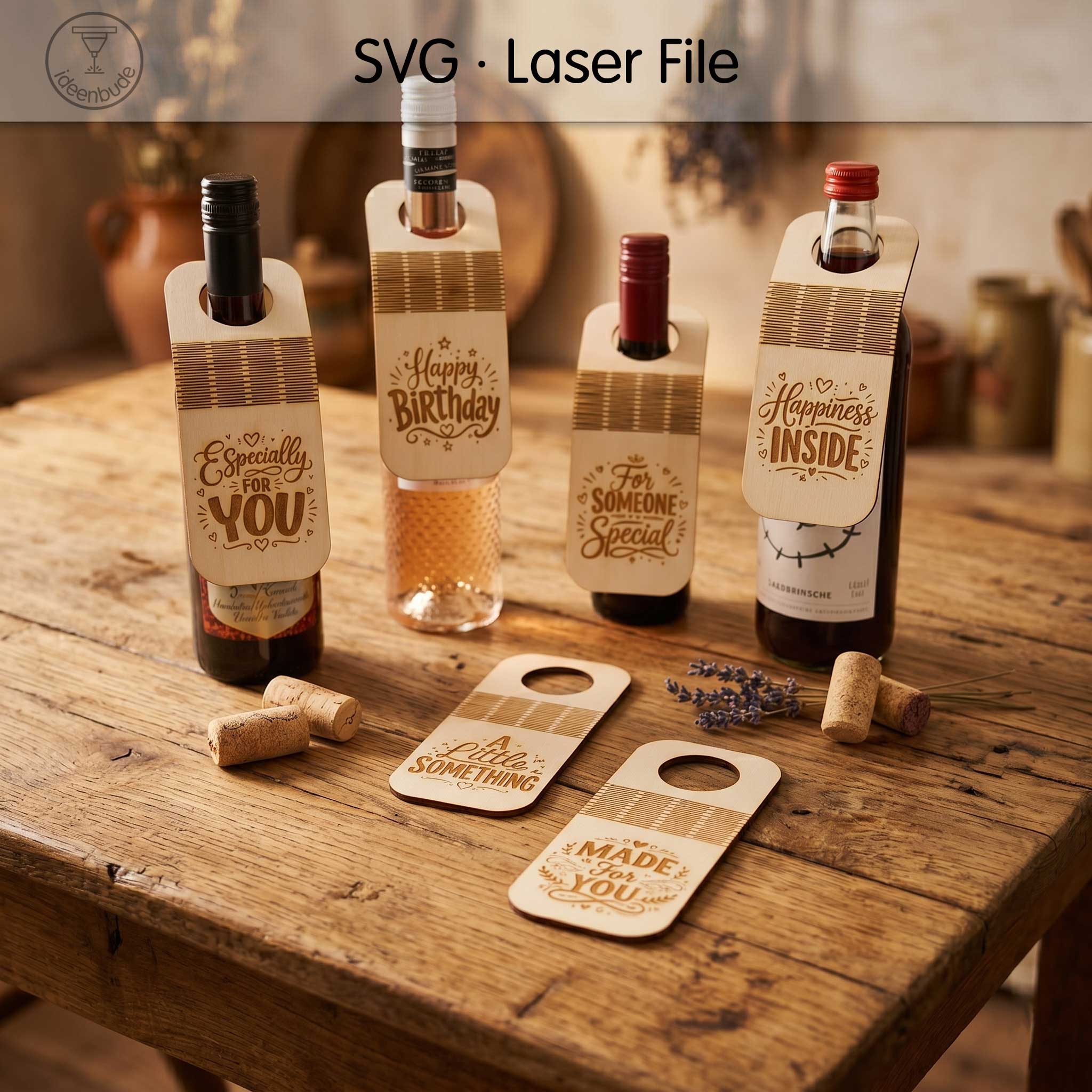 6 Bottle Tag SVG Bundle | Living Hinges Laser Cut Files