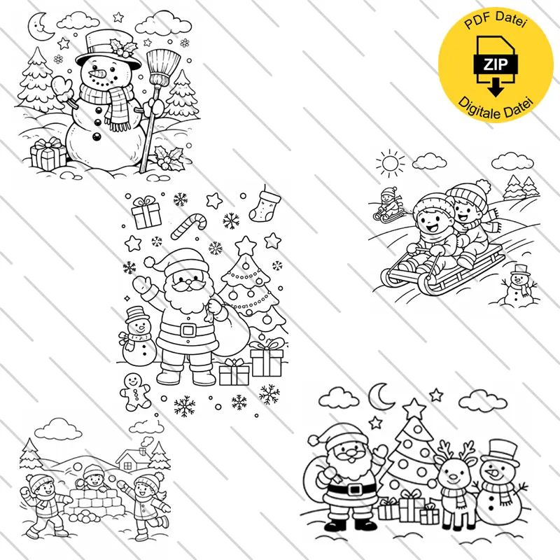 🎨❄️ Winterzauber zum Ausmalen – 5 fröhliche Ausmalbilder als PDF
